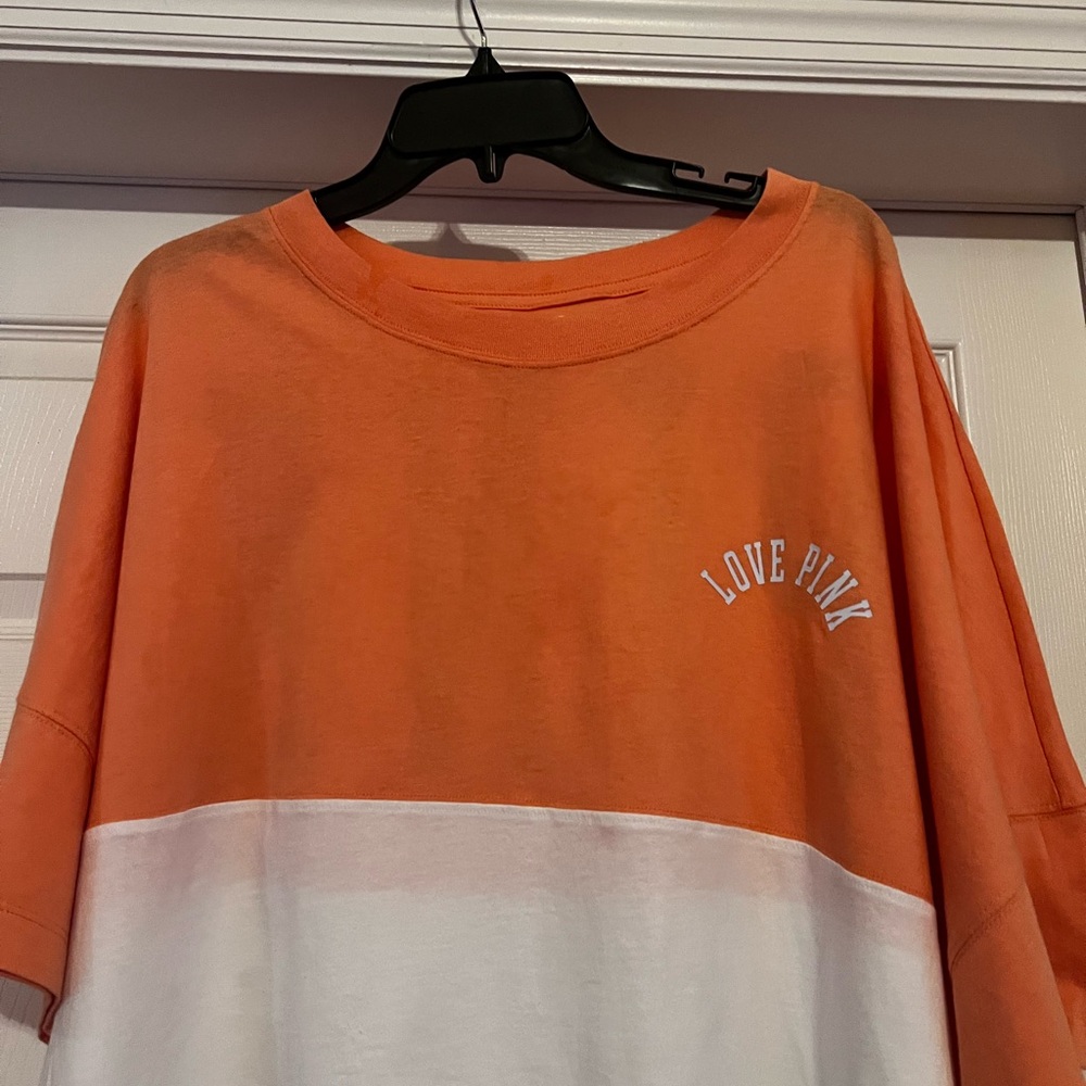 Pink by Victoria Secret Orange and White Love Pink Crop T-Shirt